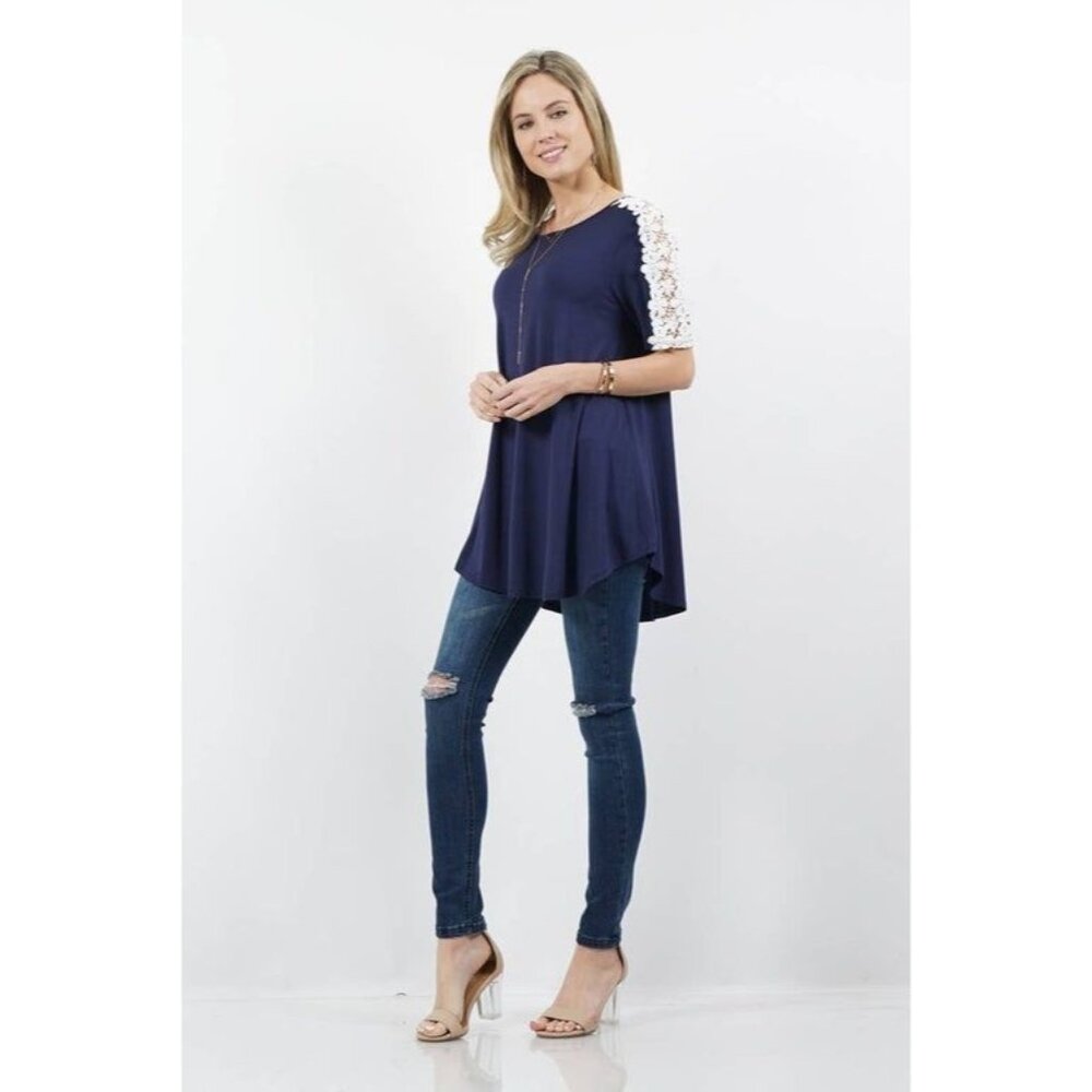 Shoulder Flower Crochet Tunic Navy Blue Small by 42Pops